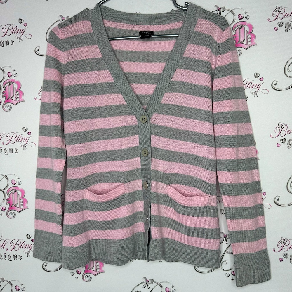 Haggar cardigan striped candy pink grey button up pockets soft sweater stripes